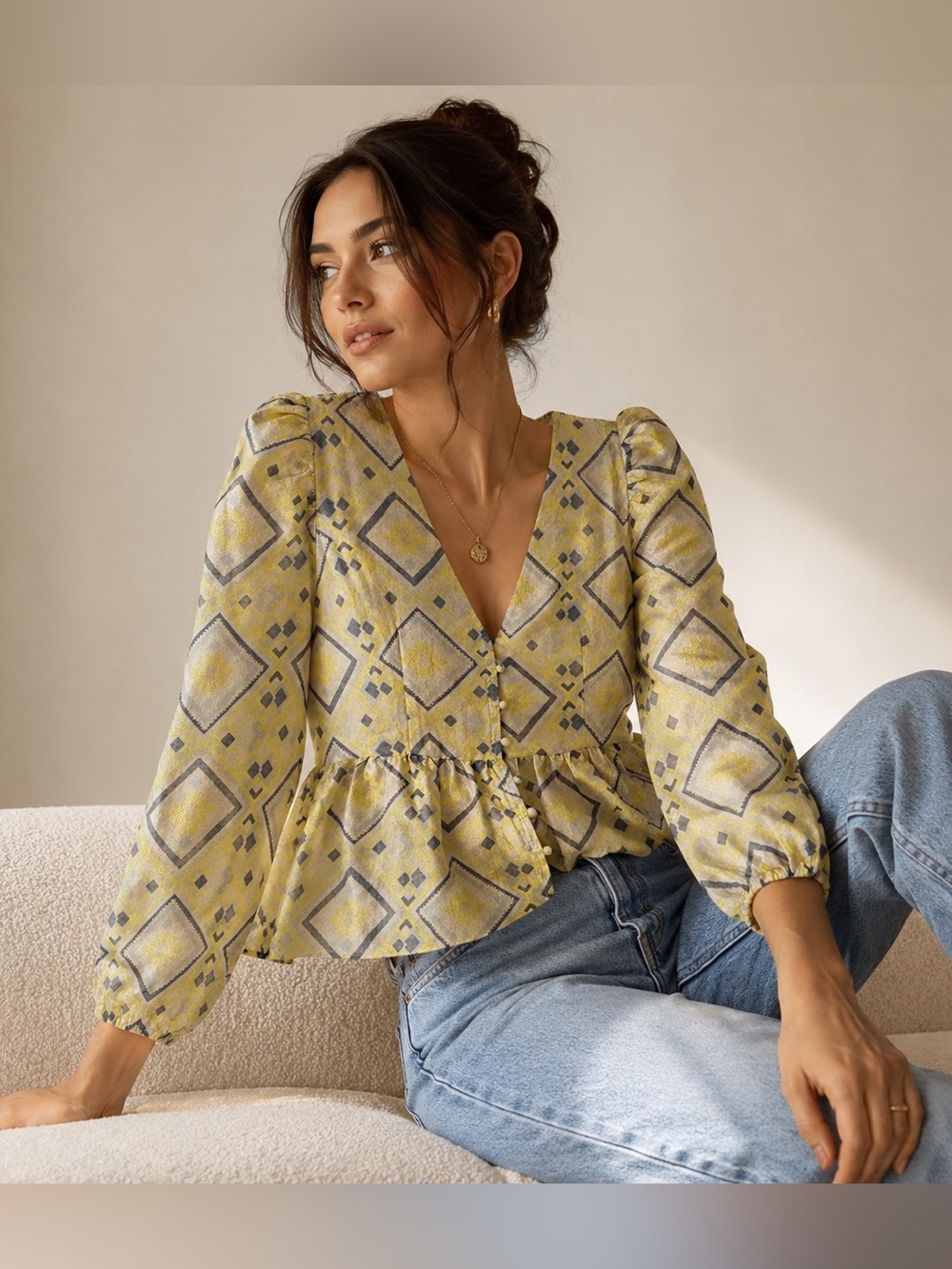 REVOLVE Baum Und Pferdgarten Women's Yellow Printed V-Neck Peplum Blouse